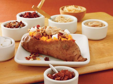 Sweet Potato Bar | Butterball® Gluten Free Christmas Brunch, Potatoes Bar, Sweet Potato Bar, Potato Bar Ideas, Potato Bar Toppings, Bunko Food, Mashed Potato Bar, Thanksgiving Healthy, Delicious Turkey Recipes