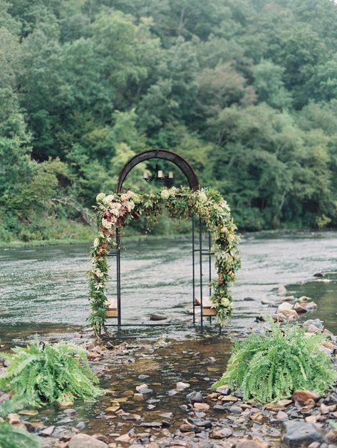 Read More: https://www.stylemepretty.com/2016/03/31/march-madness-this-is-what-happens-when-you-literally-get-married-in-a-river/ Cream Bridesmaids, River Wedding, Georgia Wedding Venues, Outdoor Wedding Inspiration, Bride Floral, Goth Wedding, Church Flowers, Unique Venues, Rustic Outdoor