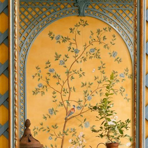 de Gournay | The rich ochre colourway of our airy chinoiserie ’Nordic Garden’ transported viewers to an enchanting garden at last year’s Antique... | Instagram Nordic Garden, Exterior House Doors, Chinoiserie Room, Birmingham Botanical Gardens, De Gournay Wallpaper, Enchanting Garden, Gold China, Antique Painting, Hand Painted Wallpaper