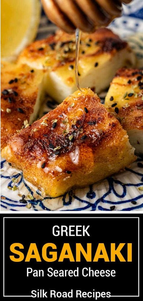 Saganaki (Greek Pan Seared Cheese) Greek Appetizers Easy, Saganaki Cheese Recipe, Cheese Sambousek, Greek Fried Cheese, Rich Things, Greek Snacks, Saganaki Recipe, Greek Kitchen, East Recipes