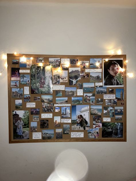 Travel Cork Board Ideas, Pictures Boards Ideas, Photo Collage Wall Cork Board, Corkboard Vision Board, Picture Pin Board, Bulletin Boards Bedroom, Life Vision Board Examples, Bulletin Board Photo Collage, Picture Cork Board Ideas