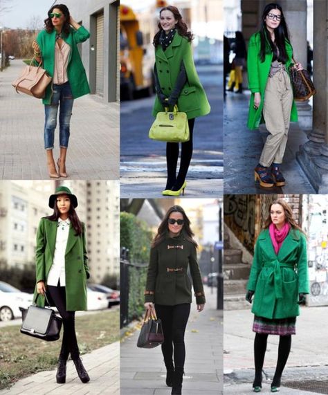 Cómo combinar un abrigo verde Green Coat Outfit Winter, Green Coat Outfit, Green Jacket Outfit, Winter Coat Outfits, Color Combinations For Clothes, Outfit Primavera, Moda Chic, Green Outfit, Green Coat