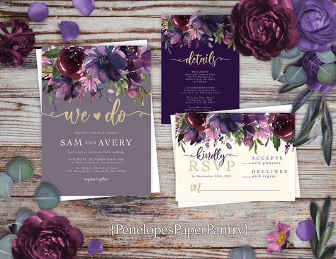 Dusty Purple,Floral,Summer Wedding Invitation,Summer Wedding Invite,Purple,Ivory,Gold Print,Shimmery,Personalize,Printed Invitation,Envelope Purple Wedding Card, Floral Summer Wedding, Magic Wedding, Middle Names, Summer Wedding Invitations, Paper Things, Invitation Envelope, Custom Matches, Purple Wedding Invitations