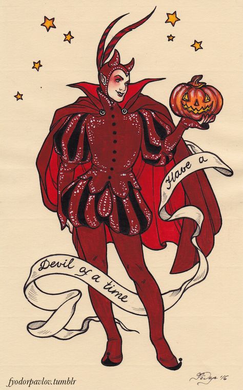 Halloween Demon Costume, Fyodor Pavlov, Costume Drawing, Devil Art, Demon Costume, Devil Costume, Vintage Halloween Costume, Red Devil, Pumpkin Picking