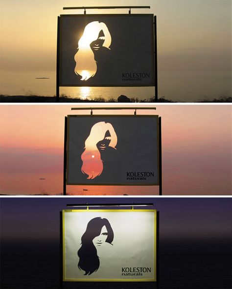 Coolest billboard promoting Wella Haircolor!! Same billboard at Sunrise,sunset, and night! Love my Wella...Brilliant! Creative Billboard, Billboard Campaign, Funny Commercial Ads, Guerrilla Marketing, Clever Advertising, Funny Commercials, Billboard Design, Publicidad Creativa, Street Marketing