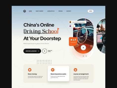 Design of driving school landing page by Jeehom on Dribbble School Landing Page, Jay Hong, Ui Ux Website, Motion App, Screen Cards, School Enrollment, School Website, Online Lessons, Driving School