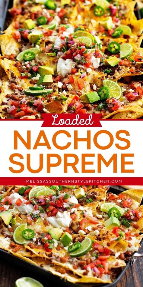 Here's a Mexican main course that doubles as a simple Cinco de Mayo appetizer! With a blend of ground beef, chorizo sausage, and more, these Loaded Nachos Supreme are full of flavor and vibrant colors. Serve this sheet pan nacho recipe at your Cinco de Mayo dinner party! Nachos Recipe Sheet Pan, Authentic Mexican Nachos Recipe, Nacho Meat Recipe, Basic Nachos Recipe, Cinco De Mayo Dinner Party, Chorizo Nachos, Chorizo Recipes Dinner, Nachos Supreme Recipe, Nacho Appetizer