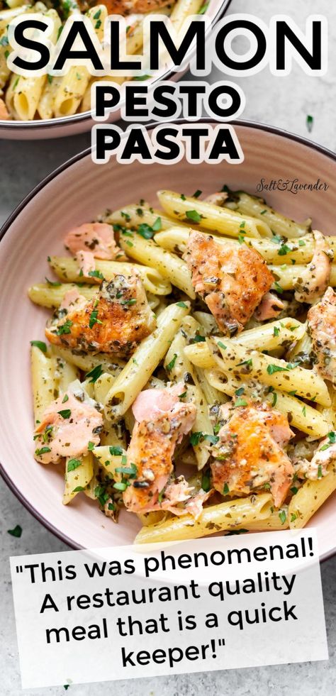 What To Make For Guests For Dinner, Pesto Recipe Dinner, Simple Dinner For Guests, Pesto Recipes Dinner Pasta, Salmon With Pesto Pasta, Salmon And Pasta Dinner Ideas, What To Put Pesto On, Easy Dinner Recipes For Guests, Dinner Ideas With Pesto