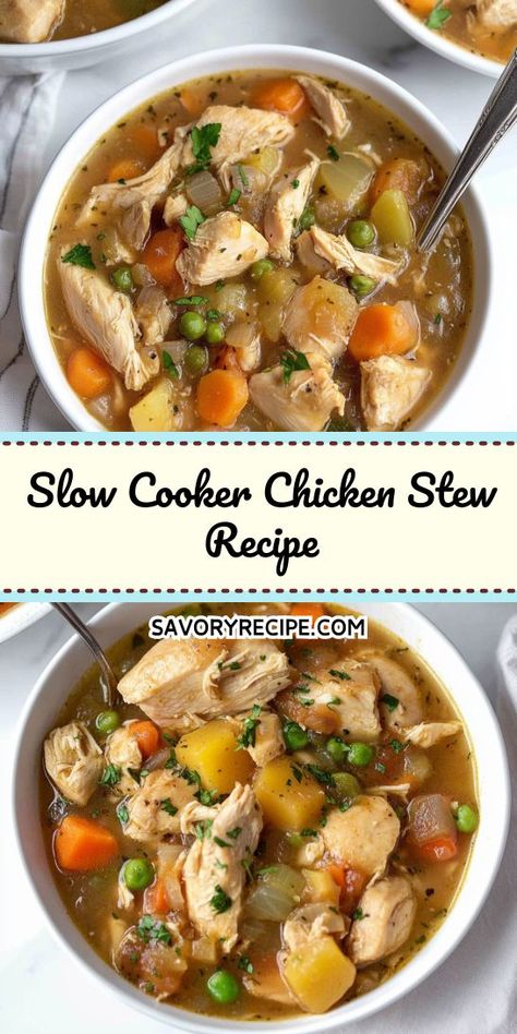 Craving a satisfying meal that requires minimal effort? This Slow Cooker Chicken Stew Recipe brings together tender chicken and fresh veggies for a nourishing dish. Don't forget to save this crockpot recipe for cozy nights when you want a warm, home-cooked meal! Chicken And Veggie Crockpot, Crock Pot Chicken Stew Recipes, Chicken Stew Recipe Crockpot, Crockpot Chicken Stew Recipes, Chicken Stew Crockpot, Slow Cooker Chicken And Vegetables, Slow Cooker Chicken Stew Recipes, Crock Pot Chicken Stew, Carrot And Celery Recipes