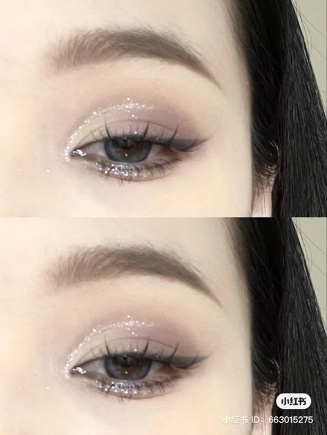 Cool Easy Eyeshadow Looks, Dark Makeup For Big Eyes, Jill Leen Eyeshadow, I’d Makeup, Douyin Makeup Inspiration, Basic Glitter Eye Makeup, Eye Shadow Inspirations, Erica Titus Makeup, Unleashia Glitterpedia Tutorial