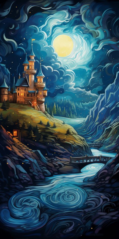 Adorn your iPhone with an illustration that transports you to a mystical night. This cartoon-style depiction features a castle and stream under an azure sky, embodying the essence of otherworldly paintings. The harmonious color palette and swirling vortexes create a Whistlerian atmosphere. It’s a perfect blend of tranquility and fantasy for your device. #OtherworldlyArt #CastleStream #iPhoneWallpaper Mystical Colour Palette, Fantasy Color Palette Concept Art, Night Color Palette Illustration, Mystical Kingdom Art, Fantasy Color Palette, Otherworldly Art, Mystical Castle Art, Myth Stories, Sketchbook Challenge