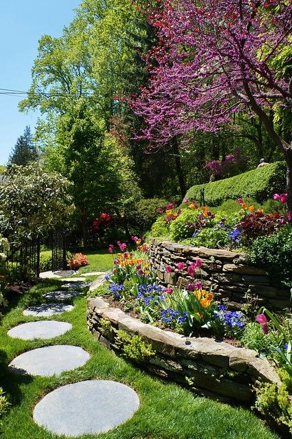 Yard Layout, Sloped Backyard Landscaping, Terraced Landscaping, Landscaping On A Hill, Hillside Garden, Sloped Backyard, Landscaping Retaining Walls, Stone Patio, Tiered Garden