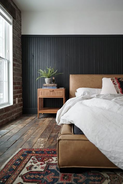 💐@brianaa0122💐 Bedroom Wanes Coating, Primary Bedroom Wainscoting, Wainscotting Master Bed, Primary Bedroom Wall Paneling, Black Plank Wall Bedroom, Modern Primary Bedroom Design, Primary Bedroom Black Bed, Paint Color For Low Light Bedroom, Modern Rustic Bedroom Design