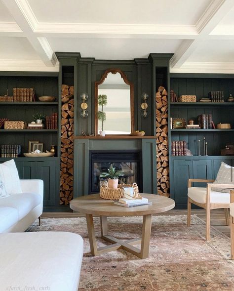 Living Room Renovation: How to Create a Stunning Central Fireplace without a Chimney! - Melanie Jade Design Dark Green Living Room, Farmhouse Layout, Mini Farmhouse, Moody Living Room, Living Room Built Ins, Living Room Renovation, Fireplace Built Ins, Room Renovation, Up House