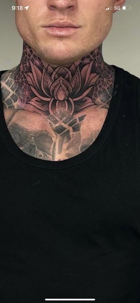 Lotus Neck Tattoo Men, Hanya Mask Neck Tattoo, Flowers Throat Tattoo, Neck Tattoo For Guys Middle, Back Of Neck Tattoo Men Design, Neck Sleeve Tattoo For Women, Rose Throat Tattoos Women, Mandala Throat Tattoo, Neck Tats Men