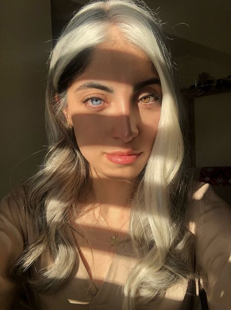 eyes 
heterochromia
white hair
grey hair Hetrochormia Eyes Girl, Poliosis Hair Aesthetic, Mara Aesthetic, Heterochromia Eyes, Sporty Chic Outfits, Idf Women, Girl Thinking, White Eyes, Dream Hair