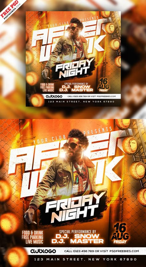 Download our Free After Work Friday Night Party Social Media Post Design PSD! This After Work Friday Night Party Social Media Post Design PSD is perfect for your upcoming weekend events, parties, rock concerts, nightclub gatherings, and more. Not only that, but you can also use this free template as a party poster, flyer, or for various other occasions and other promotional purpose. Event Social Media Post, Party Social Media Post, Advertising Ideas Social Media, Airbnb Social Media, Free Psd Poster, Event Social Media, Yoga Social Media, Free Flyer Design, Party Design Poster