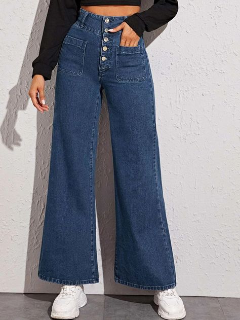 High-Rise Baggy Jeans | SHEIN USA How To Style Baggy Jeans, Blue Wide Leg Jeans, High Waisted Jeans Outfit, Jeans Outfit Women, Black Jeans Outfit, Outfit Jeans, Easy Trendy Outfits, Button Fly Jeans, Waist Jeans