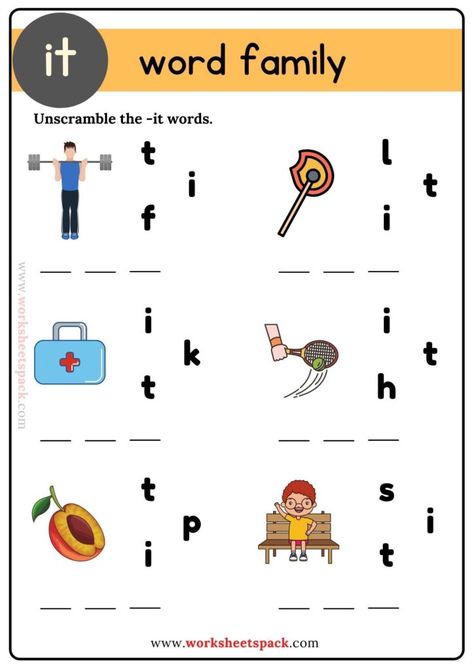 It Word Family Unscramble the Words Free Pack - worksheetspack Word Family It Worksheets, It Word Family Worksheet, It Words Worksheets, It Family Words Worksheets, It Family Words, It Word Family, Word Families Free, Reading Preschool, Counting Backwards