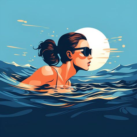 Photo minimalist flat vector style a bea... | Premium Photo #Freepik #photo Swimming Girlies, Athletic Female, Swimming Illustration, Swimming Cartoon, Female Swimmers, Minimalist Flat, Water Illustration, Girl In Water, 3d Wall Art