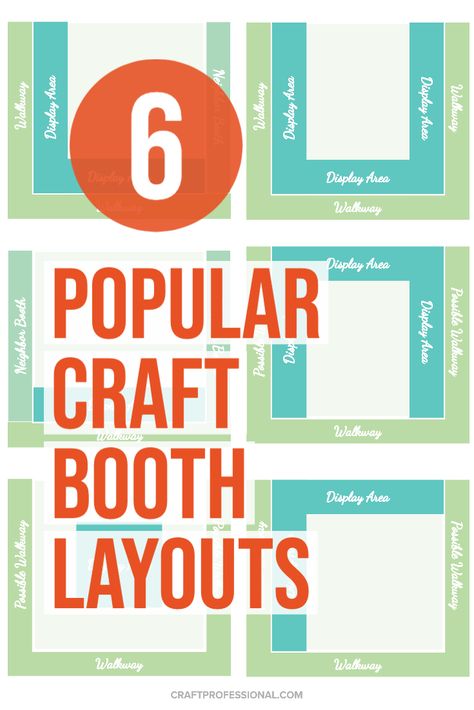 6 popular craft show booth layouts. Check out the pros and cons of each common 10x10 booth design and choose the setup that's right for you. #craftbooth #craftfair #craftprofessional 10x10 Craft Booth Display Ideas Layout, 10x10 Craft Booth Layout Ideas, Craft Fair Table Display Ideas Booth Design, 8x10 Craft Fair Booth Setup, 10 X 6 Craft Booth, Craft Fair Table Layout, Back Drop For Craft Booth, 10 X 10 Craft Show Booth Layout, Craft Show Table Display Ideas Layout