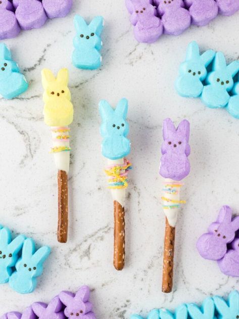 Pretzel rods with peeps around it. Creative Easter Desserts, Pretzel Rods Dipped, Easter Cookie Bars, Easter Pretzel, Easter Themed Cakes, Fun Easter Treats, Easter Food Appetizers, Easy Easter Treats, Pretzel Treats