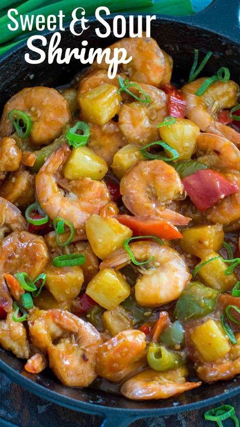 Healthier Sweet and Sour Shrimp that is not deep fried, but cooked in a fantastic sweet and sour sauce with juicy pineapple and crunchy bell peppers. Sweet And Sour Shrimp Recipe, Sweet And Sour Shrimp, Biscuit Recipes Dinner, Sweet And Sour Prawns, Chinese Cooking Recipes, Shrimp Recipes For Dinner, Shrimp Recipes Easy, Sweet And Sour Sauce, Shrimp Dishes