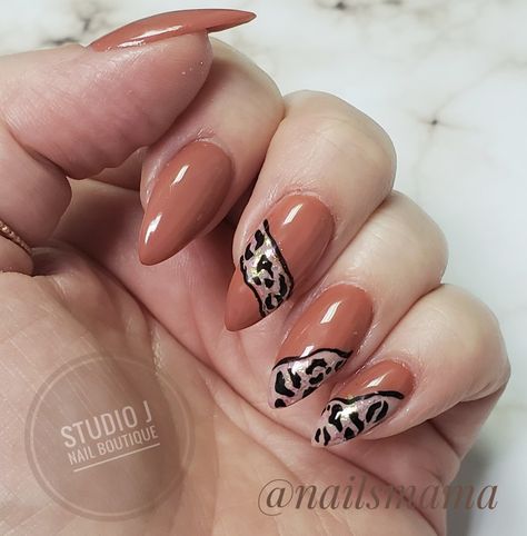 Almond nails in terra cotta with leopard design StudioJNailBoutique.com Terra Cotta Nails, J Nails, Leopard Design, Polygel Nails, Terra Cotta, Almond Nails, Gel Polish, Almond, Nail Designs