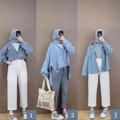 Ootd Warna Denim, Denim Outfit Hijab, Kuliah Outfit, Ootd Formal, Blue Denim Outfits, Peta Pikiran, Ootd Pose, Korean Style Hijab, Outfit Ideas Hijab