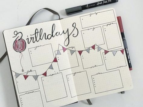 Diary Birthday Ideas, Journal Ideas Birthdays, Birthday Page Bullet Journal, Bujo Birthday Tracker, Journal Birthday Page, Birthday Bujo, Bullet Journal Birthday Page, Birthday Page Ideas, Birthday Journal Ideas