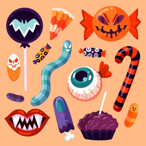 Halloween Candy Illustration, Halloween Candy Drawing, Halloween Candy Art, Candy Illustration, Candy Drawing, Spooky Candy, Candy Eyeballs, Candy Halloween, Candy Collection