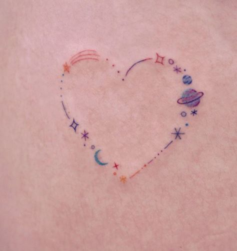 Galaxy Matching Tattoos, Star Doodle Tattoo, Tiny Colorful Tattoos, Space Inspired Tattoos, Small Colorful Tattoos, Wrist Tattoos Girls, Soft Tattoo, Army Tattoos, Bts Tattoos