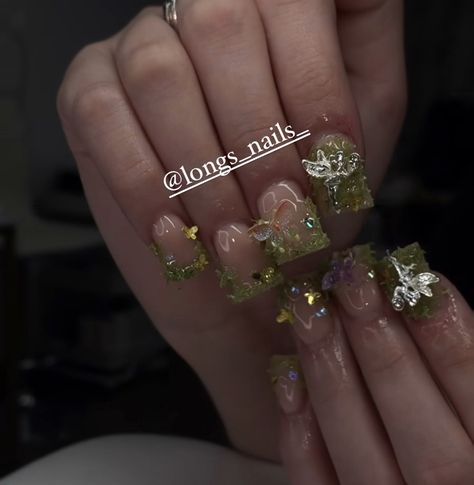 #fairy #fairytail #garden #fairynails #nailart #nails #acrylic #duck #ducknails #fyp #greenery #butterfly #french #frenchtip #nailtech #nude #shorties Enchanted Garden Nail Designs, Fairy Nails Acrylic Short, Coquette Duck Nails, Forest Fairy Aesthetic Nails, Enchanted Garden Nails, Fairy Tail Nails, Forest Fairy Nails, Nails Acrylic Duck, Fairy Tale Nails