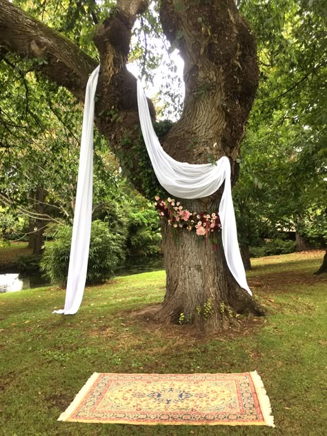 Styled wedding ceremony tree, with floral garland, draped soft voile and a persian rug...sitting beautifully under the trees canopy of leaves at Mona Vale Homestead Floral garland by Flowerhead Fabric On Trees Wedding, Tree Drapery Wedding, Decorated Trees For Weddings, Wedding Ceremony Under Tree, Court Elopement, Wedding Under Tree, Wedding Ceremony Tree, Wedding Under Trees, Tree Wedding Ceremony