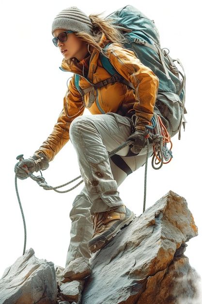 Photo detailed character design of a mou... | Premium Photo #Freepik #photo Hikers Outfit, Climbing Pose, Adventure Poses, Mountain Climbing Outfit, Preppy Camping, Granola Style, Trekking Outfit, Climbing Art, Hiking Photos