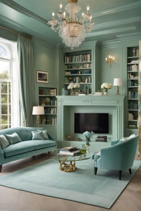 What is the Library Luxury All About? Dive into Sage Green and Aqua Blue World [2024] #Ad #homedecor #homedesign #fixhome #Painthome #interiorarchitecture Sea Green Living Room, Library Luxury, Painting Bathroom Walls, Traditional Library, Beige Kitchen Cabinets, Sage Green Paint Color, Bathroom 2024, Sage Green Paint, Designer Homes