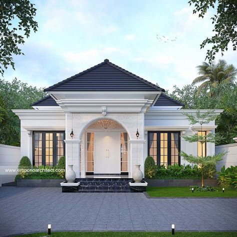 Mrs. SLV Classic House 1 Floor Design - Palembang 37170 - Facade Design Classic House Facade, Clasic Houses, House 1 Floor, Mediterranean House Design, Home Designs Exterior, Emporio Architect, Pavilion Design, Classic House Exterior, Classic House Design