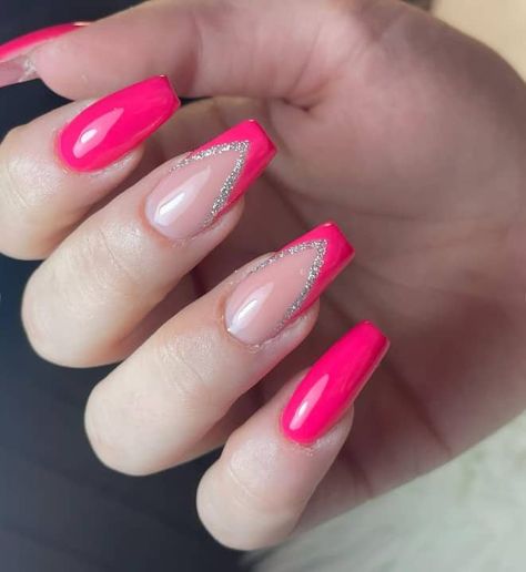 Stand Out Nail Designs, Nails For A Hot Pink Prom Dress, Hot Pink Concert Nails, Hot Pink French Nails Coffin, Hot Pink Nails With Silver Glitter, Nail Color For Hot Pink Dress, Pink French Tips With Glitter Line, Hot Pink Nail Designs Classy, Hot Pink Glitter Nail Designs