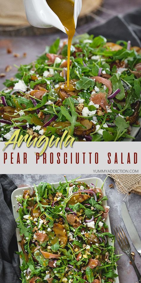 This salad has it all: the peppery flavor of arugula, the saltiness of prosciutto and feta, the crunchiness of pecans, and the sweetness of grilled pears. Perfect as a light meal or as a fancy starter at your next party. The honey mustard vinaigrette is like a cherry on top! #pears #prosciutto #salad #lunch #arugula Grilled Pears, Arugula Prosciutto, Prosciutto Salad, Pear Salad Recipes, Fancy Salads, Arugula Recipes, Mustard Vinaigrette, Salad Lunch, Resep Salad