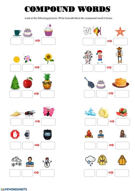 Esl Activities Elementary, English Activity For Class 2, Compound Nouns Worksheets, Activities For English Class Ideas, Compound Worksheet, Activities For Elementary Kids, Noun Activity, Compound Nouns, Grammar Activities Worksheets