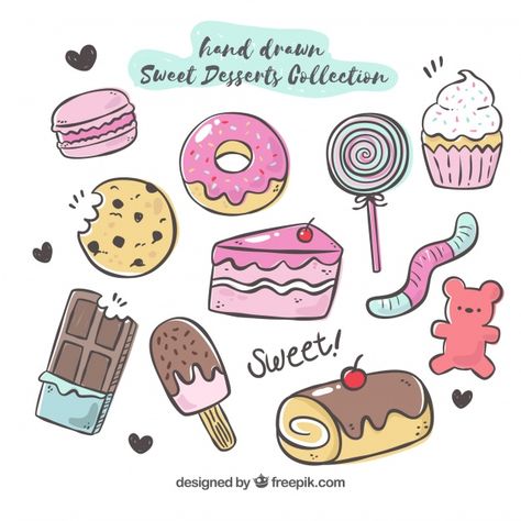 Food Doodle, Candy Drawing, Desserts Drawing, Doodle Sticker, Easy Sweets, Arte Doodle, Food Doodles, Cute Food Drawings, Easy Doodle Art