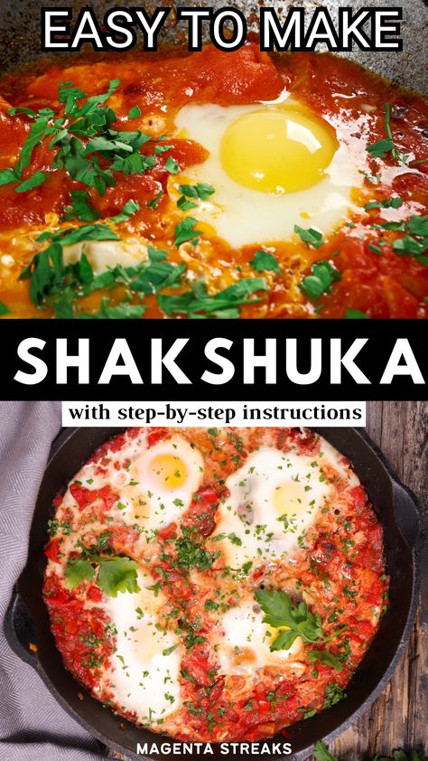 Dive into the flavors of the Middle East with our Shakshuka recipe! 😋 A mouthwatering blend of tomatoes, eggs, and spices, this dish is the perfect weekend treat. Follow our easy step-by-step guide and enjoy a taste of authentic Middle Eastern cuisine in the comfort of your own home. Middle Eastern Shakshuka Recipe, Shaksusha Eggs, Shashuksha Recipe, Lentil Shakshuka, Middle Eastern Breakfast, How To Make Shakshuka, Tomatoes Eggs, Fun Appetizers, Healthy Vegetarian Breakfast