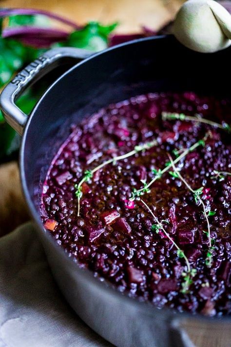 beet-braised lentils - healthy side with a super pretty color.: Braised Lentils, Feasting At Home, Vegetarian Main Course, Vegan Stew, Beet Recipes, Vegan Main Dishes, Lentil Recipes, Goat Cheese, Beets