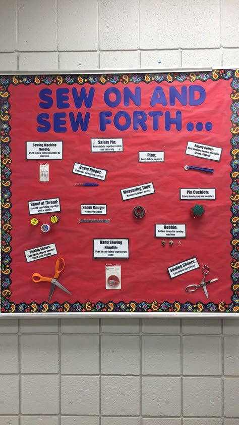 FACS "Sew on and Sew Forth" Sewing Tools Bulletin Board (Family and Consumer Science) Fashion Bulletin Board Ideas, Sewing Bulletin Board Ideas, Fashion Bulletin Board, Sewing Classroom Decor, Sewing Classroom Ideas, Family And Consumer Sciences Bulletin Board Ideas, Family And Consumer Science Bulletin Boards, Facs Classroom Decor, Family Consumer Science Classroom Decor