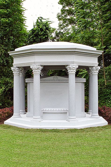 This elegant outdoor garden mausoleum is an open air structure without a defined walk-in interior. It is a Greek-pillared Neoclassical style structure built with white granite. It was built by Rome Monument and installed in Sewickley Cemetery, Sewickley, PA. Vince Dioguardi is the primary mausoleum designer, architect, engineer and construction project manager (CM) for the national mausoleum company, Rome Monument. #gardenmausoleum #mausoleum #romemonument #mausoleums #mausoleumdesign Mausoleum Interior, Mausoleum Design, Construction Project Manager, Peace Place, Cemetery Ideas, Grave Monuments, Architect Engineer, Tombstone Designs, Cemetery Monuments