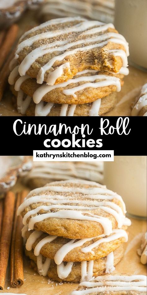 Soft Cinnamon Roll Cookies with a Cream Cheese Frosting Cinnamon Roll Cookies Easy, Cinnamon Cookies Recipe, Fun Rice Krispie Treats, Homemade Toffee, Cinnamon Roll Cookies, Frozen Cookie Dough, Drink Inspiration, Cream Cheese Glaze, Rolled Sugar Cookies