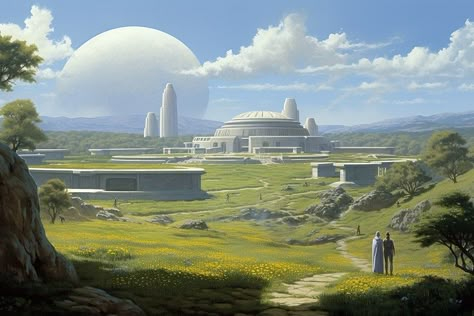 Sci Fi Village Concept Art, Sci Fi Village, Solarpunk Concept Art, Civilization Aesthetic, Galaxy Projects, Sci Fi Architecture, Futuristic Building, 70s Sci Fi Art, Sci Fi Environment