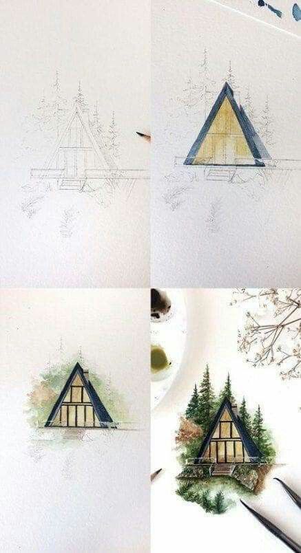 Pathfinder Illustrator, Akvarel Illustration, Mini Tutorial, Nature Watercolor, Nature Artists, Frame Cabin, A Frame Cabin, Watercolor Artists, Watercolor Trees