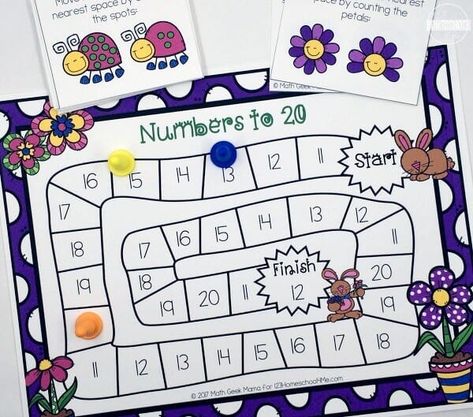 Kids will have fun practicing counting to 20 with this FREE Spring Numbers to 20 Board Game. This is great for improving math fluency. Number Games Preschool, Game For Kindergarten, 123 Homeschool 4 Me, Numbers To 20, Math Board Games, Counting To 20, Math Fluency, Free Homeschool Printables, Math Board