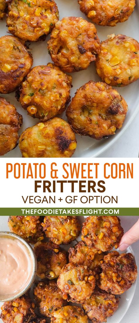 Fritters Vegan, Sweet Corn Fritters, Corn Fritter Recipes, Vegan Appetizers Recipes, Family Lunch, Corn Fritters, Vegan Potato, Vegan Sweet Potato, Fritter Recipes